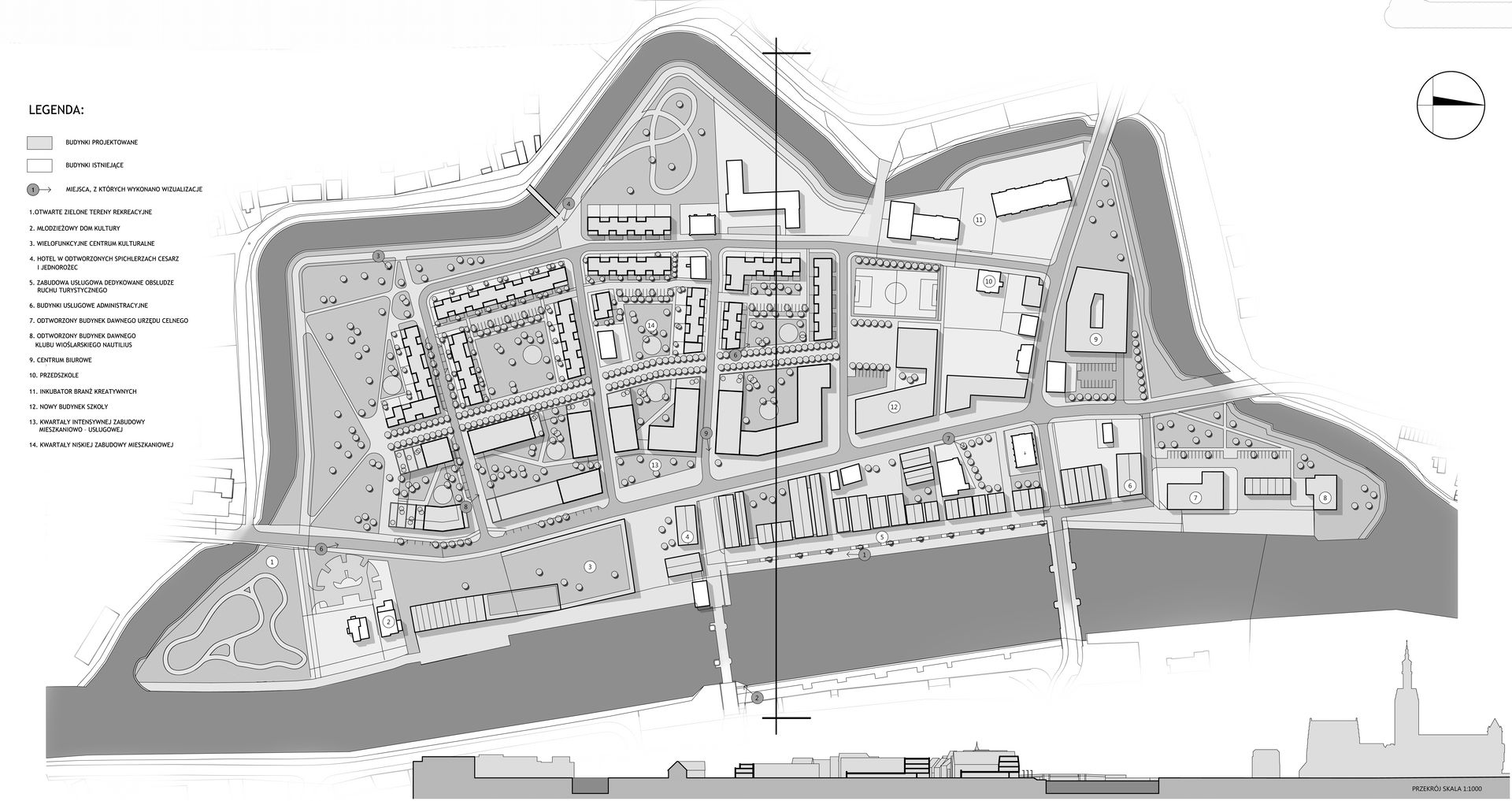 Konkurs urbanistyczno – architektoniczny na zagospodarowanie Wyspy Spichrzów w Elblągu, zagospodarowanie terenu – projekt Mazur Architekci