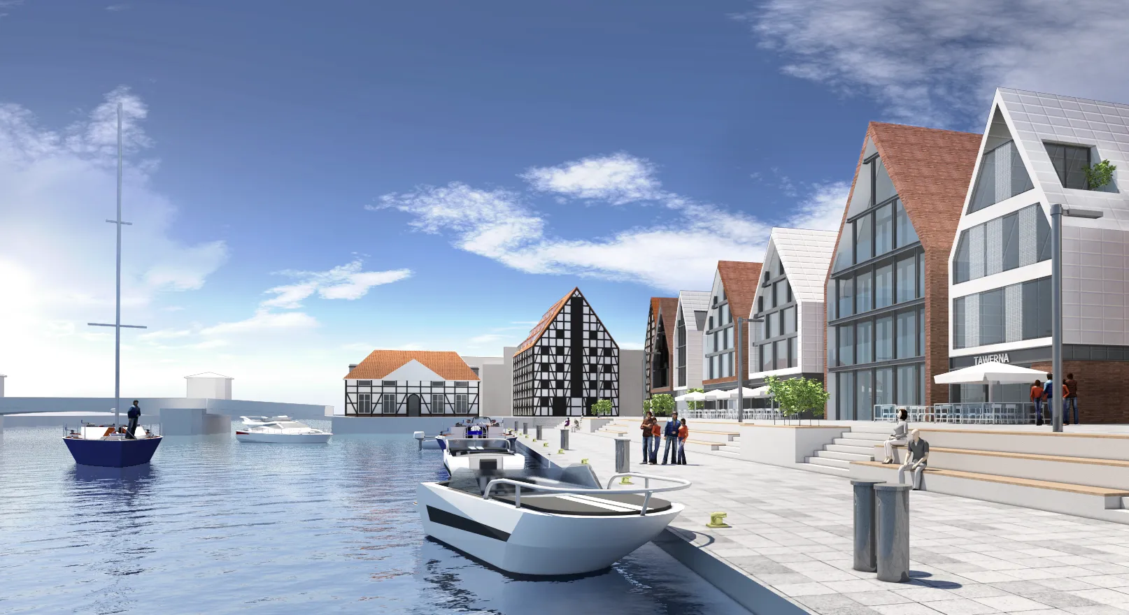 Konkurs urbanistyczno – architektoniczny na zagospodarowanie Wyspy Spichrzów w Elblągu, wizualizacja – projekt Mazur Architekci