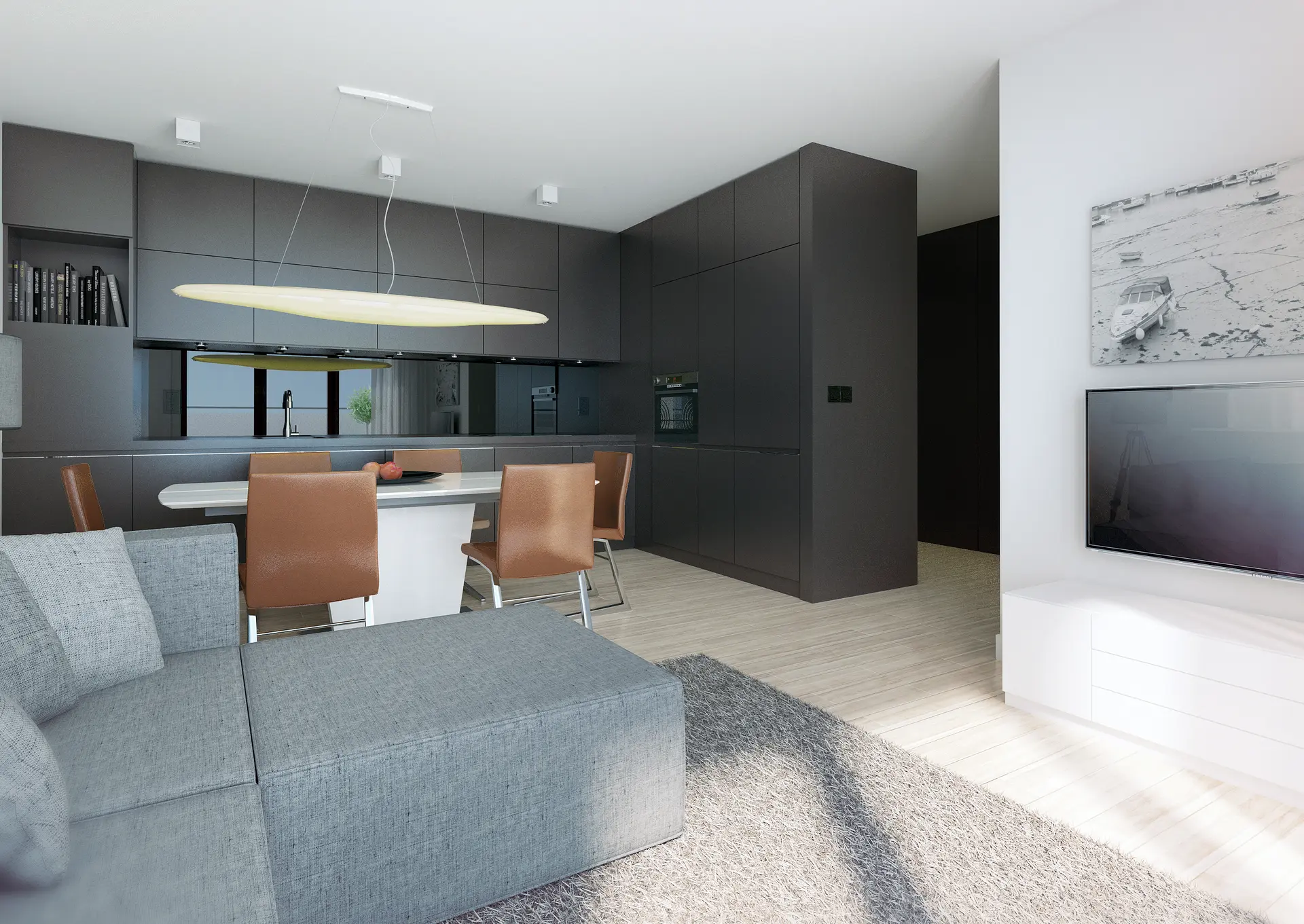 Projekt wnętrza mieszkania w Gdyni, salon z aneksem kuchennym – projekt Mazur Architekci